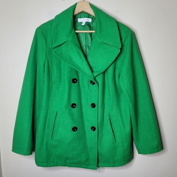 New York & Company Wool Blend Coat XL Green Double Breasted Winter Peacoat - Picture 3 of 7